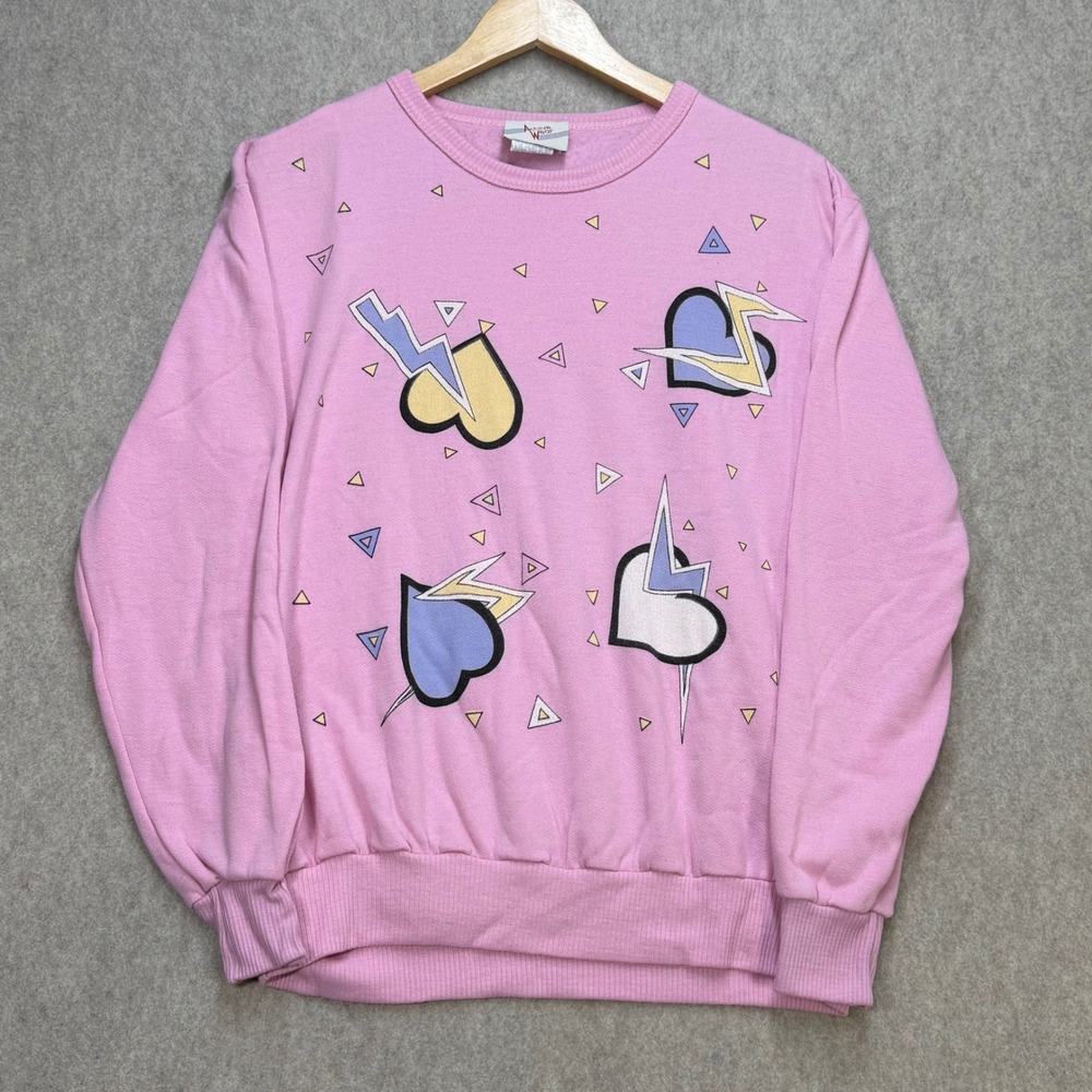 Vintage Active Wear Pink Hearts Lightning Bolt Sweatshirt Made in USA Med Retro